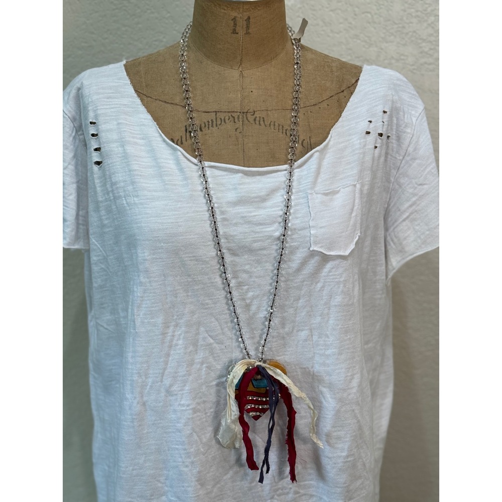 A Rare Bird Hand Painted Wood Heart Crystal Flag Long Necklace Rhinestone NWT